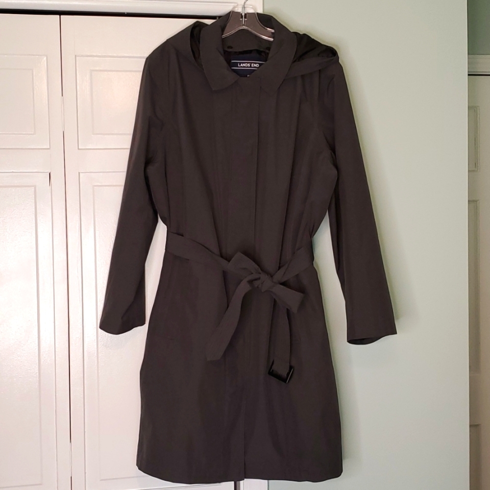 Lands' End 1X 16W 18W Womens XR Print Hooded Waterproof Rain Coat Dark Heather